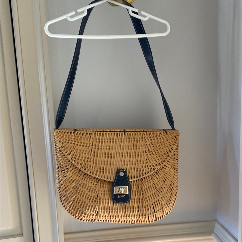 Mark & Graham Woven Straw Crossbody with Navy Trim